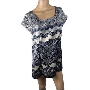 CAbi‎ 100% Silk Grey Blue Short Sleeve Tunic Blouse Women Sz Large